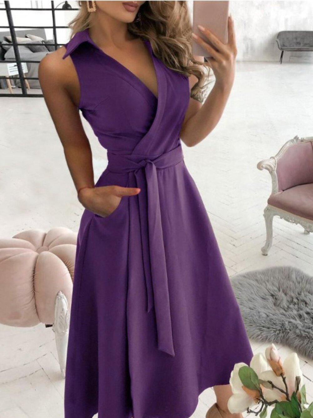 Purple Collared Sleeveless Wrap Midi Dress With Pockets Tie Waist